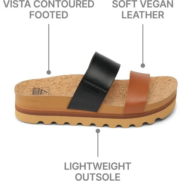 Women's Slide Sandal Black Duo Open Toe Slip-on Platform Heel Double Strap - Picture 5 of 7